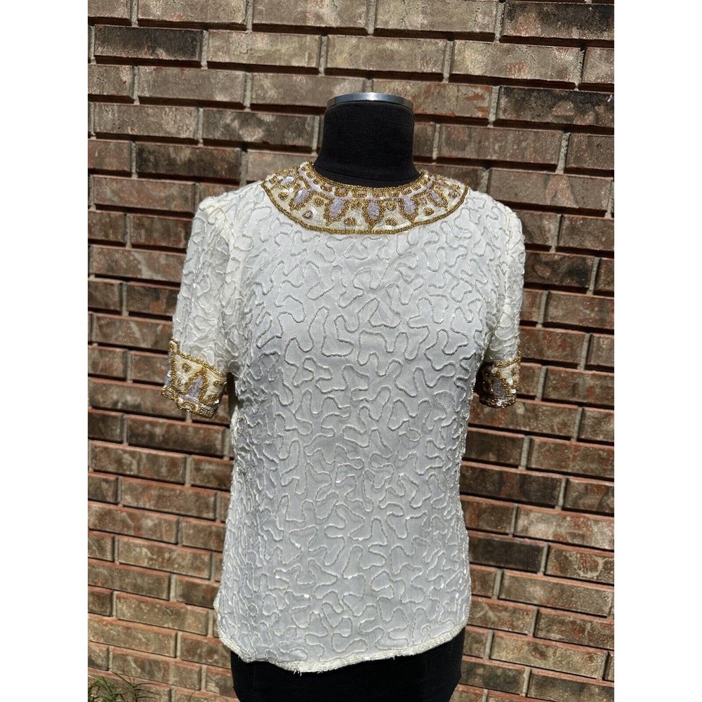 Laurence Kazar Womens Shirt Petite Sm New York‎ White Silk Beaded Formal Party